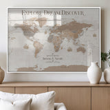 56148717-MGV-FP-36X24-3P_White-Personalized World Map Wall Art – Neutral Beige & Brown Vintage Adventure Travel Map with Custom Couple Names, Classic Wall Decor