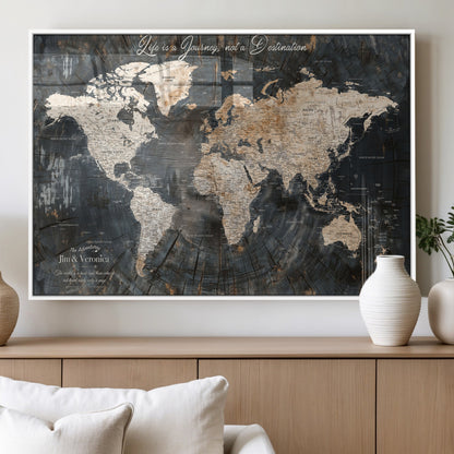 55548943-MGV-FP-36X24-3P_White-Personalized World Map Wall Art – Rustic Wood Texture Adventure Travel Map with Custom Couple Names, Vintage Dark Wall Decor for