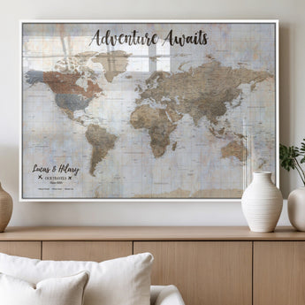 30792405-MGV-FP-36X24-3P_White-Personalized World Map Wall Art – Rustic Beige Adventure Travel Map with Custom Couple Names, Vintage Wall Decor for Home or