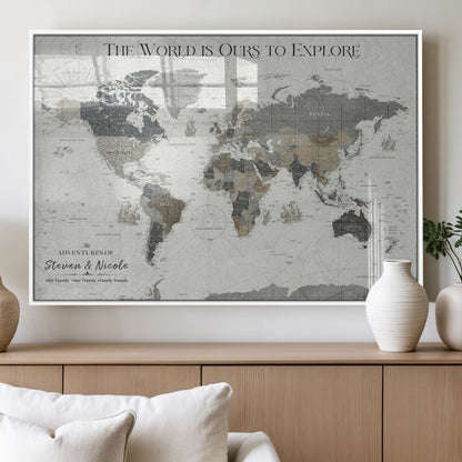 97082026-MGV-FP-36X24-3P_White-Personalized World Map Wall Art – Vintage Gray Adventure Travel Map with Custom Couple or Family Names, Rustic Wall Decor for Home