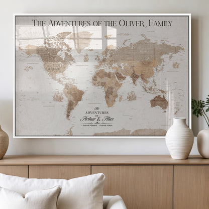 43869621-MGV-FP-36X24-3P_White-Personalized World Map Wall Art – Light Beige Sepia Adventure Travel Map with Custom Family or Couple Names, Rustic Wall Decor for
