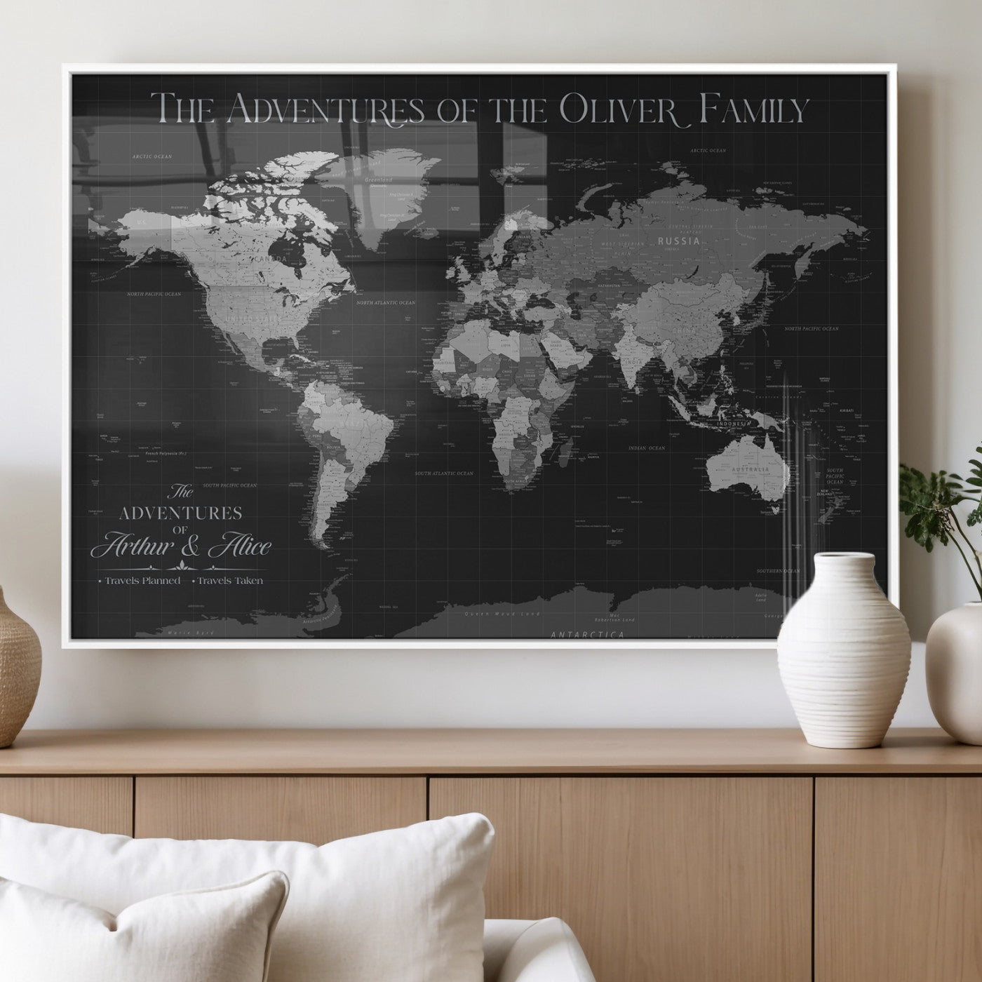 46064114-MGV-FP-36X24-3P_White-Personalized World Map Wall Art – Black & Grey Adventure Travel Map with Custom Family or Couple Names, Modern Wall Decor for Home