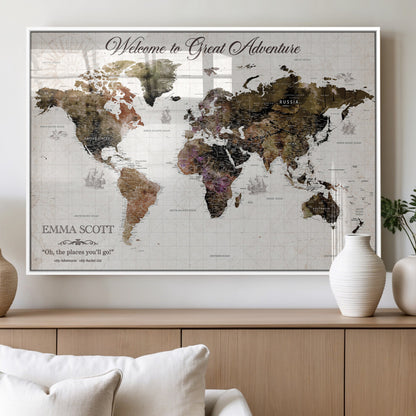 33631532-MGV-FP-36X24-3P_White-Personalized World Map Wall Art – Dark Vintage Adventure Travel Map with Custom Names, Rustic Wall Decor for Couples, Home or