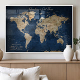 71052542-MGV-FP-36X24-3P_White-Personalized World Map Wall Art – Rustic Navy Blue Adventure Travel Map with Custom Couple Names, Vintage Wall Decor for Home or