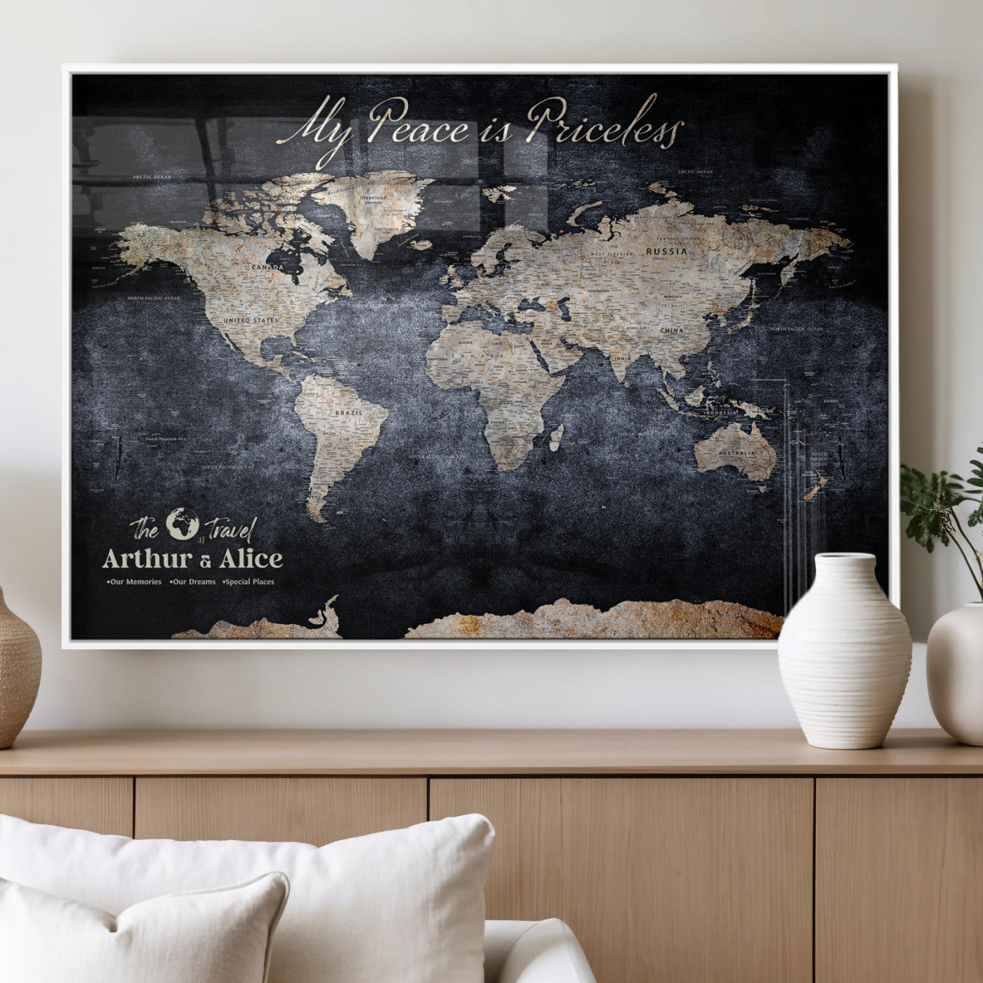 85403043-MGV-FP-36X24-3P_White-Personalized World Map Wall Art – Dark Blue Rustic Adventure Map with Custom Couple Names, Vintage Wall Decor for Home or Travel
