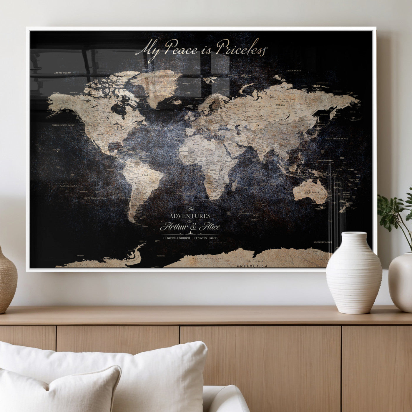 51488142-MGV-FP-36X24-3P_White-Personalized World Map Wall Art – Dark Rustic Adventure Travel Map with Custom Names, Vintage Wall Decor for Couples, Families or