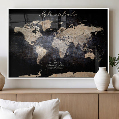 51488142-MGV-FP-36X24-3P_White-Personalized World Map Wall Art – Dark Rustic Adventure Travel Map with Custom Names, Vintage Wall Decor for Couples, Families or