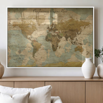 54795344-MGV-FP-36X24-3P_White-Personalized World Map Wall Art – Vintage Adventure Travel Map with Custom Names, Rustic Wall Décor for Couples, Families
