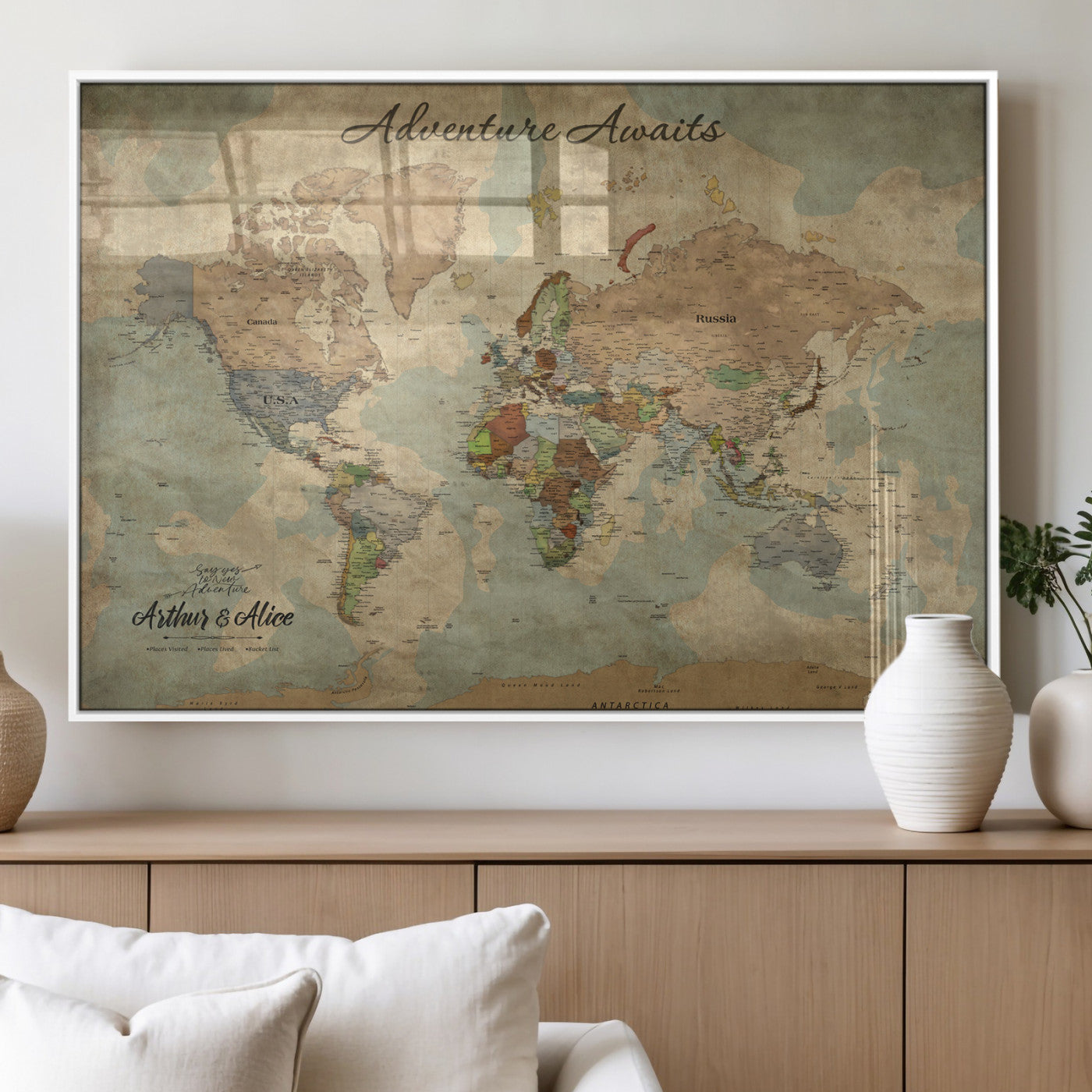 62500285-MGV-FP-36X24-3P_White-Personalized World Map Wall Art – Rustic Watercolor Adventure Awaits Travel Map with Custom Couple Names, Vintage Wall Decor for