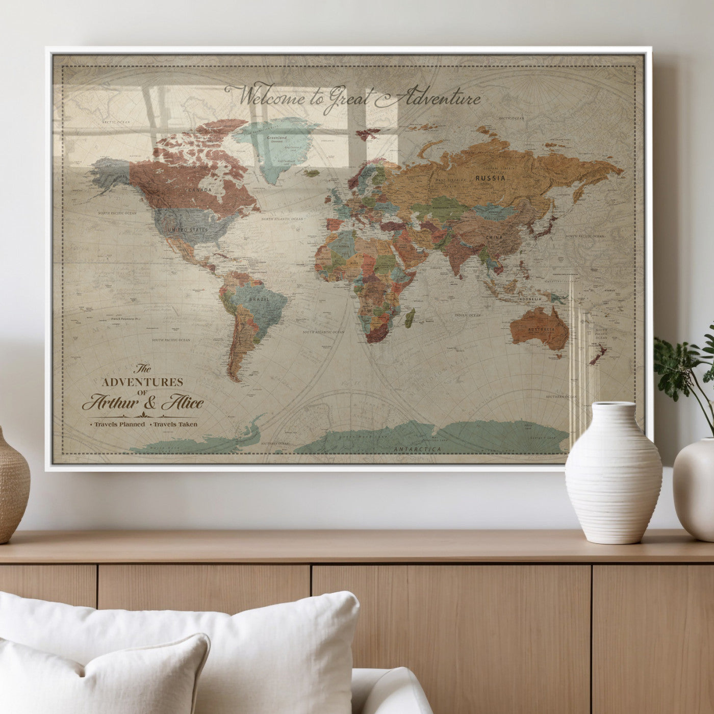 43497401-MGV-FP-36X24-3P_White-Personalized World Map Wall Art – Vintage Rustic Adventure Travel Map with Custom Couple Names, Welcome to Great Adventure Wall
