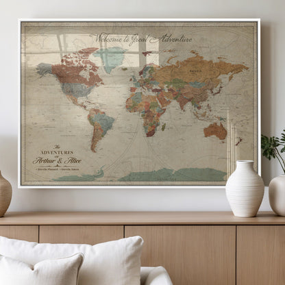 43497401-MGV-FP-36X24-3P_White-Personalized World Map Wall Art – Vintage Rustic Adventure Travel Map with Custom Couple Names, Welcome to Great Adventure Wall