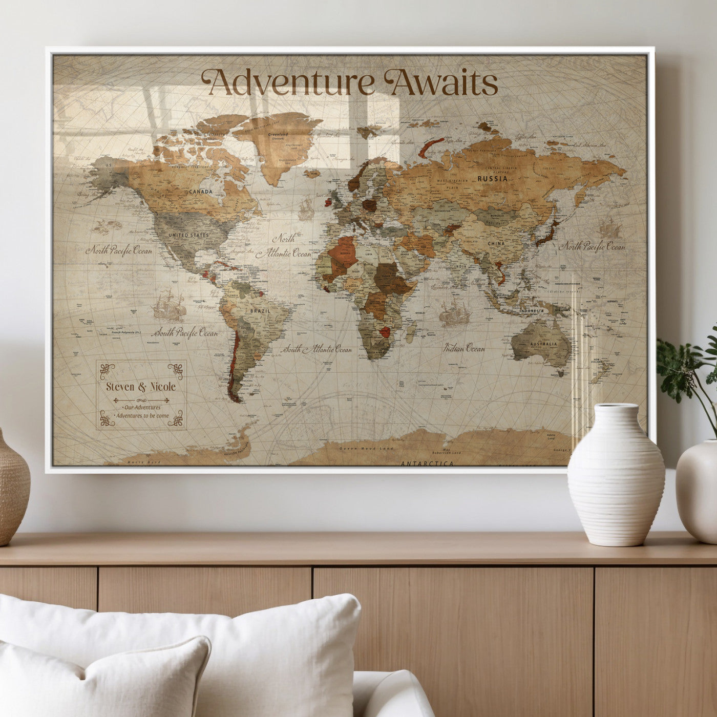 18685073-MGV-FP-36X24-3P_White-Personalized World Map Wall Art – Antique Vintage Parchment Adventure Awaits Travel Map with Custom Couple Names, Rustic Wall
