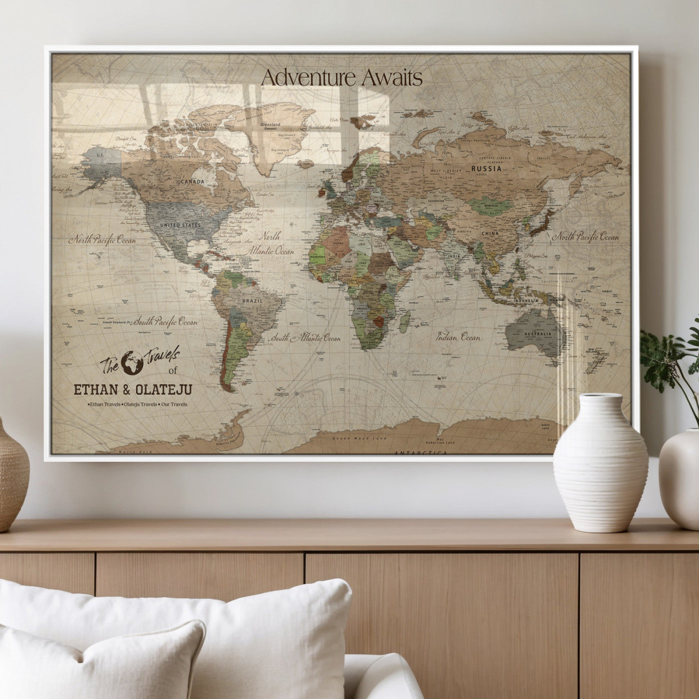 62766900-MGV-FP-36X24-3P_White-Personalized World Map Wall Art – Antique Parchment Adventure Travel Map with Custom Couple Names, Rustic Wall Decor for Home,