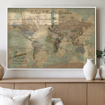32019746-MGV-FP-36X24-3P_White-Personalized World Map Wall Art – Vintage Camo Adventure Travel Map with Custom Family Names, Rustic Wall Decor for Couples, Home