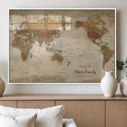 31874045-MGV-FP-36X24-3P_White-Personalized World Map Wall Art – Vintage Earth Tone Adventure Map with Custom Family Names, Rustic Travel Decor for Home, Couples