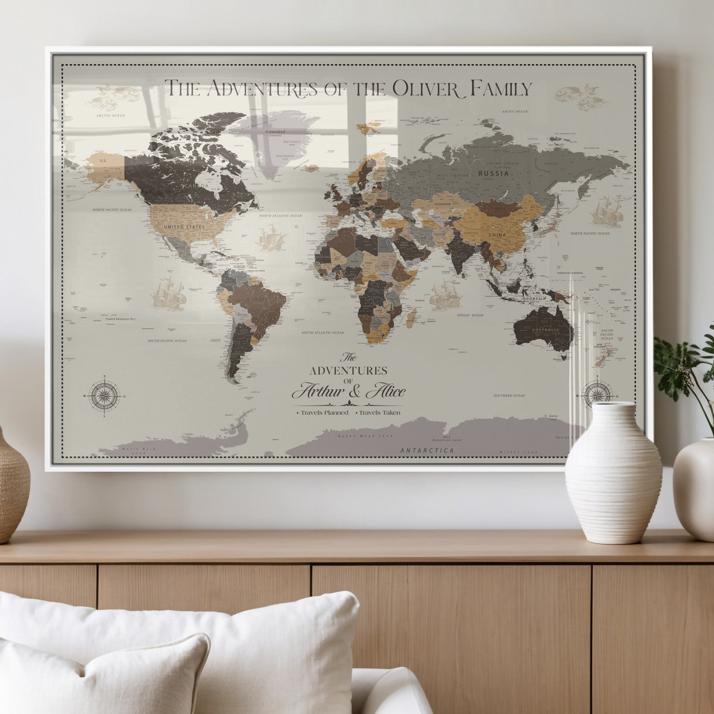 40679469-MGV-FP-36X24-3P_White-Personalized World Map Wall Art – Neutral Tones Adventure Travel Map with Custom Family Names, Rustic Wall Decor for Living Room