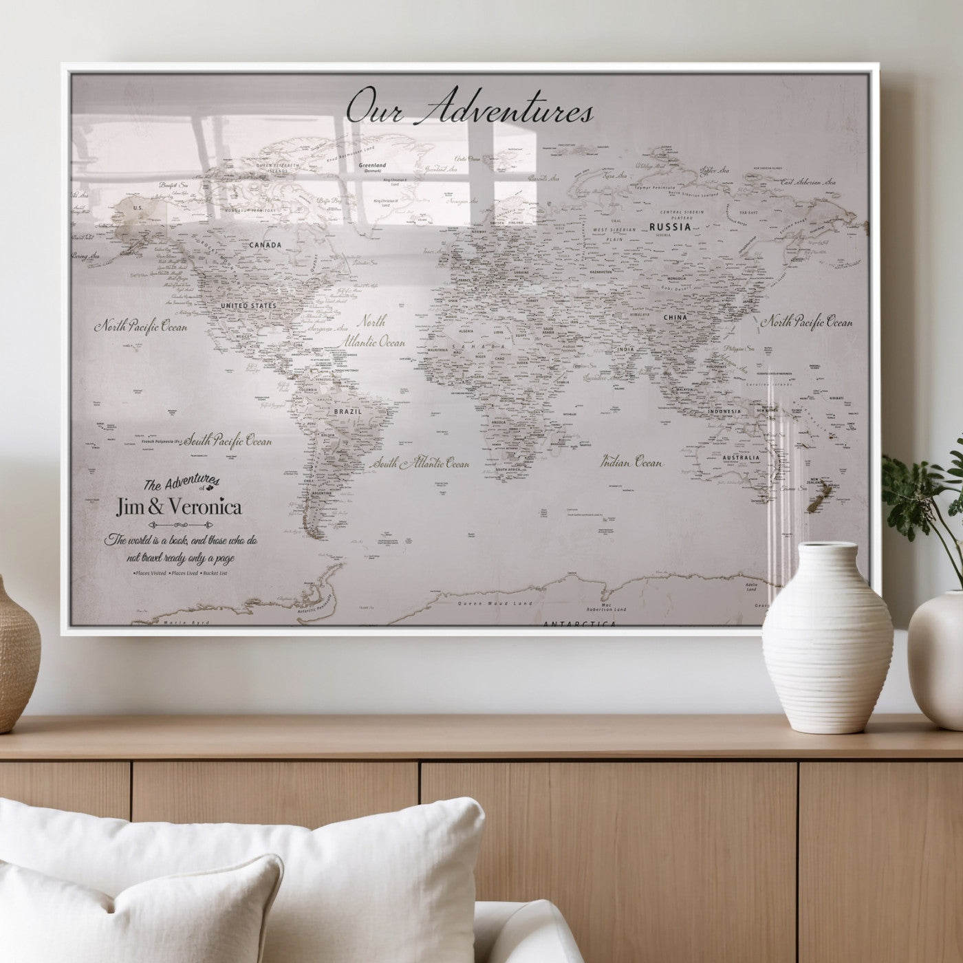 11706567-MGV-FP-36X24-3P_White-Personalized World Map Wall Art – Minimalist Beige Adventure Travel Map with Custom Names, Elegant Push Pin Canvas for Couples,