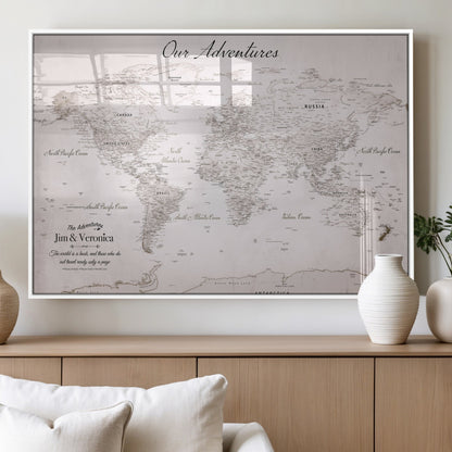 11706567-MGV-FP-36X24-3P_White-Personalized World Map Wall Art – Minimalist Beige Adventure Travel Map with Custom Names, Elegant Push Pin Canvas for Couples,