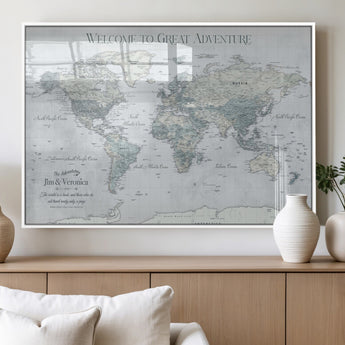 70605050-MGV-FP-36X24-3P_White-Personalized World Map Wall Art – Cool Gray Adventure Travel Map with Custom Names, Elegant Push Pin Canvas for Couples, Family