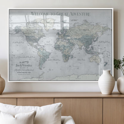70605050-MGV-FP-36X24-3P_White-Personalized World Map Wall Art – Cool Gray Adventure Travel Map with Custom Names, Elegant Push Pin Canvas for Couples, Family