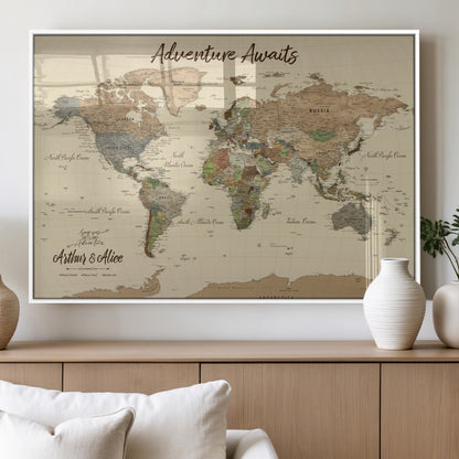 53442996-MGV-FP-36X24-3P_White-Personalized World Map Wall Art – Adventure Awaits Vintage Travel Map with Custom Couple Names, Rustic Wall Decor for Home,
