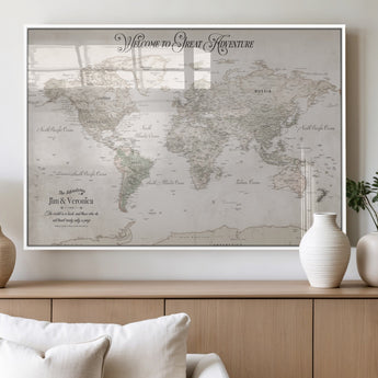 93034948-MGV-FP-36X24-3P_White-Personalized World Map Wall Art – Vintage Beige Adventure Travel Map with Custom Names, Elegant Push Pin Canvas for Couples,