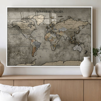 72658967-MGV-FP-36X24-3P_White-Personalized World Map Wall Art – Adventure Awaits Rustic Sepia Travel Map with Custom Names, Vintage Wall Decor for Couples, Home