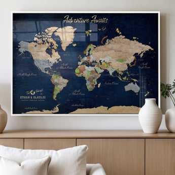 80965072-MGV-FP-36X24-3P_White-Personalized World Map Wall Art – Adventure Awaits Navy Blue Travel Map with Custom Names, Rustic Vintage Wall Decor for Couples,