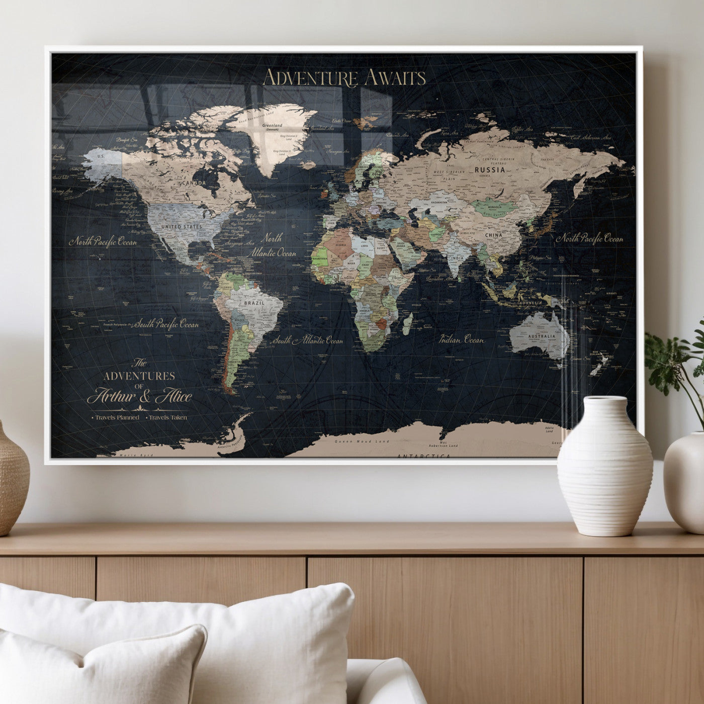 15547583-MGV-FP-36X24-3P_White-Personalized World Map Wall Art – Rustic Navy Adventure Awaits Travel Map with Custom Couple Names, Vintage Wall Decor for Home or