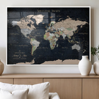 15547583-MGV-FP-36X24-3P_White-Personalized World Map Wall Art – Rustic Navy Adventure Awaits Travel Map with Custom Couple Names, Vintage Wall Decor for Home or