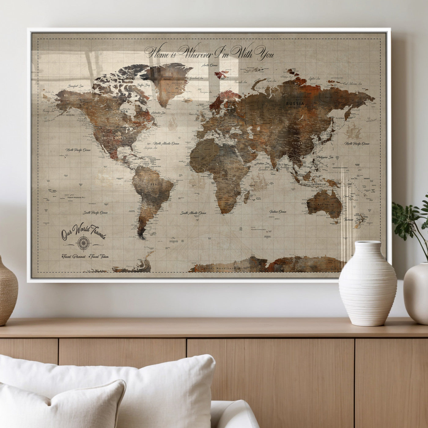 48225643-MGV-FP-36X24-3P_White-Personalized World Map Wall Art – Rustic Vintage Adventure Travel Map with Custom Couple Names, Romantic Wall Decor for Home or