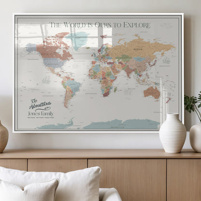 69180591-MGV-FP-36X24-3P_White-Personalized World Map Wall Art – Rustic Vintage Adventure Travel Map with Custom Family Names, Unique Wall Decor for Couples,