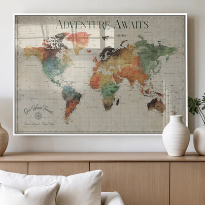 24737989-MGV-FP-36X24-3P_White-Personalized World Map Wall Art – Colorful Vintage Adventure Travel Map with Custom Names, Unique Wall Decor for Couples,