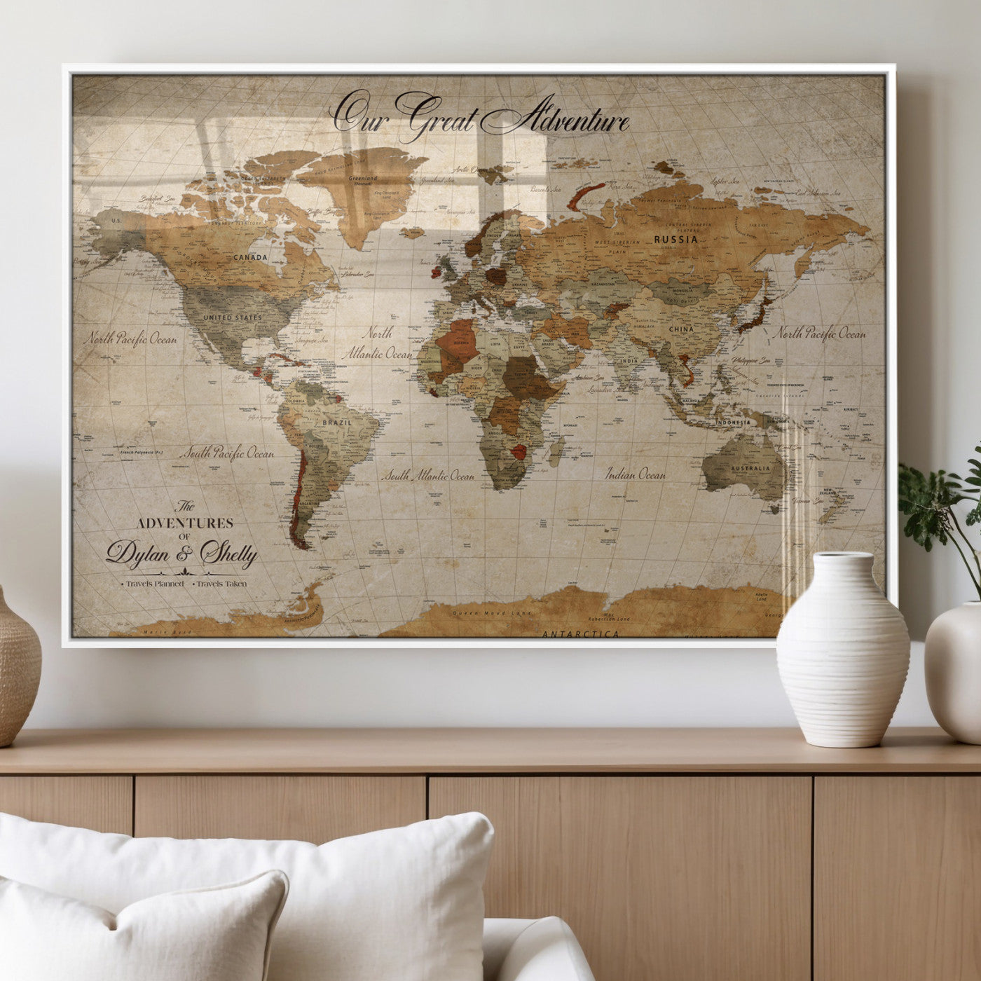 91961147-MGV-FP-36X24-3P_White-Personalized World Map Wall Art – Vintage Sepia Adventure Travel Map with Custom Couple Names, Rustic Wall Decor for Home, Couples