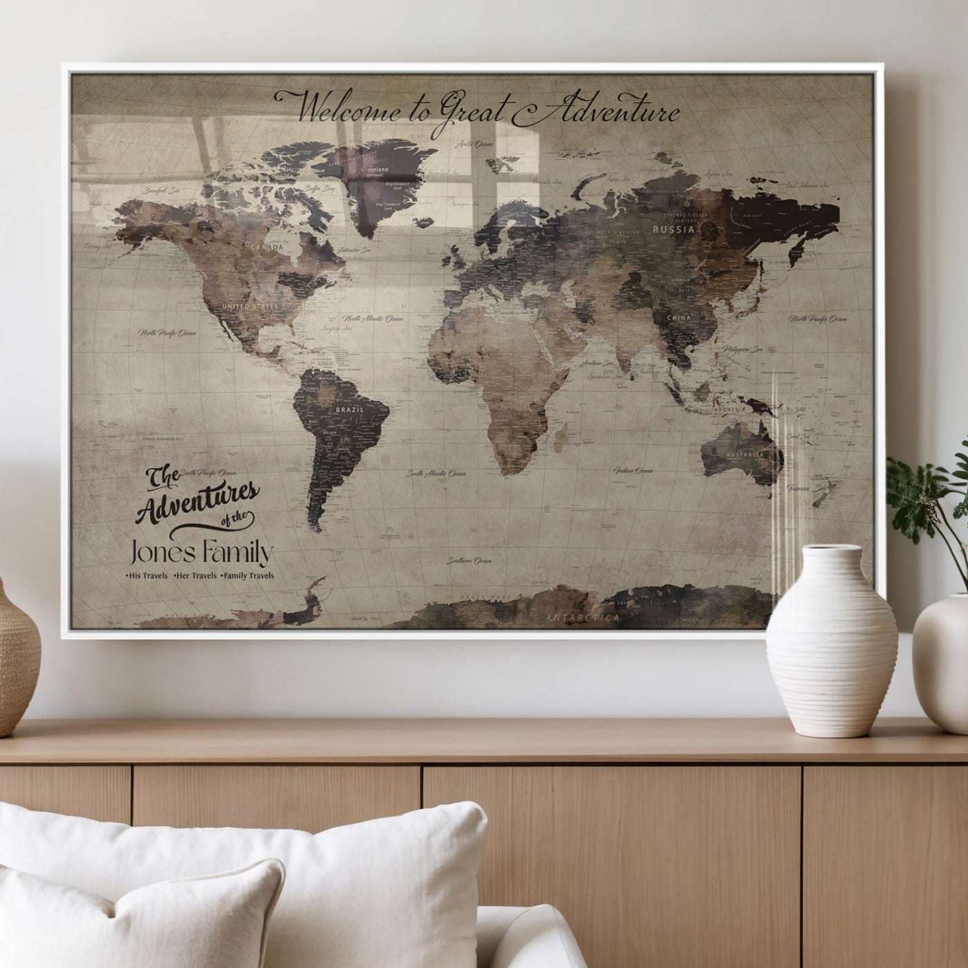 78610079-MGV-FP-36X24-3P_White-Personalized World Map Wall Art – Vintage Rustic Travel Map with Custom Family Name, Adventure Wall Decor for Home, Family Gift or
