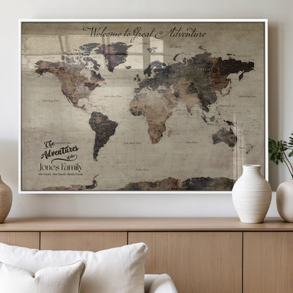 78610079-MGV-FP-36X24-3P_White-Personalized World Map Wall Art – Vintage Rustic Travel Map with Custom Family Name, Adventure Wall Decor for Home, Family Gift or