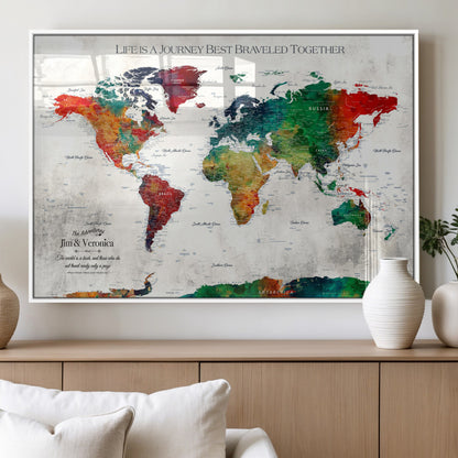 95876117-MGV-FP-36X24-3P_White-Personalized World Map Wall Art – Colorful Watercolor Travel Map with Custom Names, Romantic Wall Decor for Couples, Wedding or