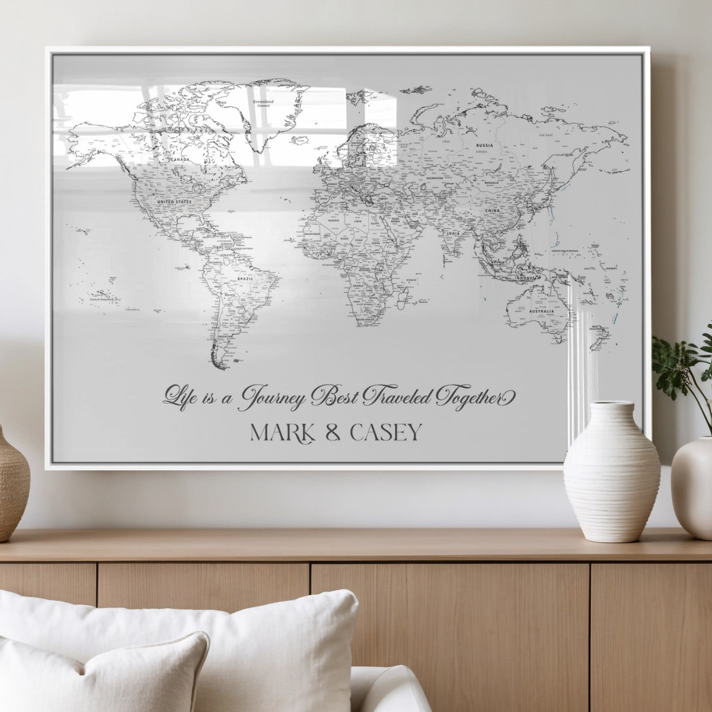 43438578-MGV-FP-36X24-3P_White-Personalized World Map Wall Art – Black and White Minimal Travel Map with Custom Names, Elegant Wall Decor for Couples, Wedding or