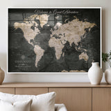 70534097-MGV-FP-36X24-3P_White-Personalized World Map Wall Art – Dark Vintage Adventure Style Travel Map with Custom Names, Unique Wall Decor for Couples, Home