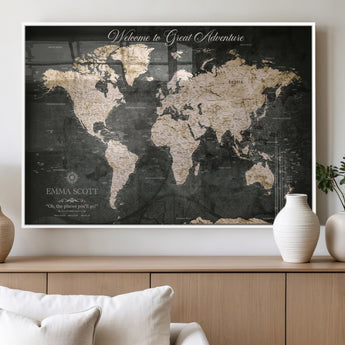 70534097-MGV-FP-36X24-3P_White-Personalized World Map Wall Art – Dark Vintage Adventure Style Travel Map with Custom Names, Unique Wall Decor for Couples, Home