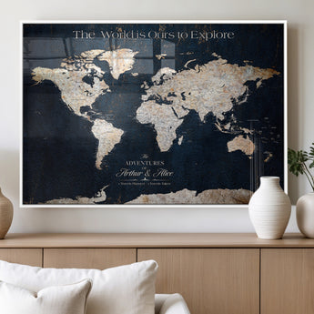 13231361-MGV-FP-36X24-3P_White-Personalized World Map Wall Art – Navy Blue Vintage Adventure Travel Map with Custom Names, Elegant Push Pin Canvas for Couples