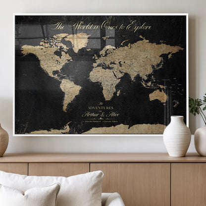 98947257-MGV-FP-36X24-3P_White-Personalized World Map Wall Art – Vintage Black Adventure Travel Map with Custom Names, Elegant Push Pin Canvas for Couples Home