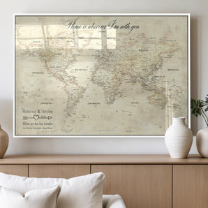 57950315-MGV-FP-36X24-3P_White-Personalized World Map Wall Art – Vintage Beige Travel Map with Custom Names, Romantic Anniversary Gift for Couples, Adventure