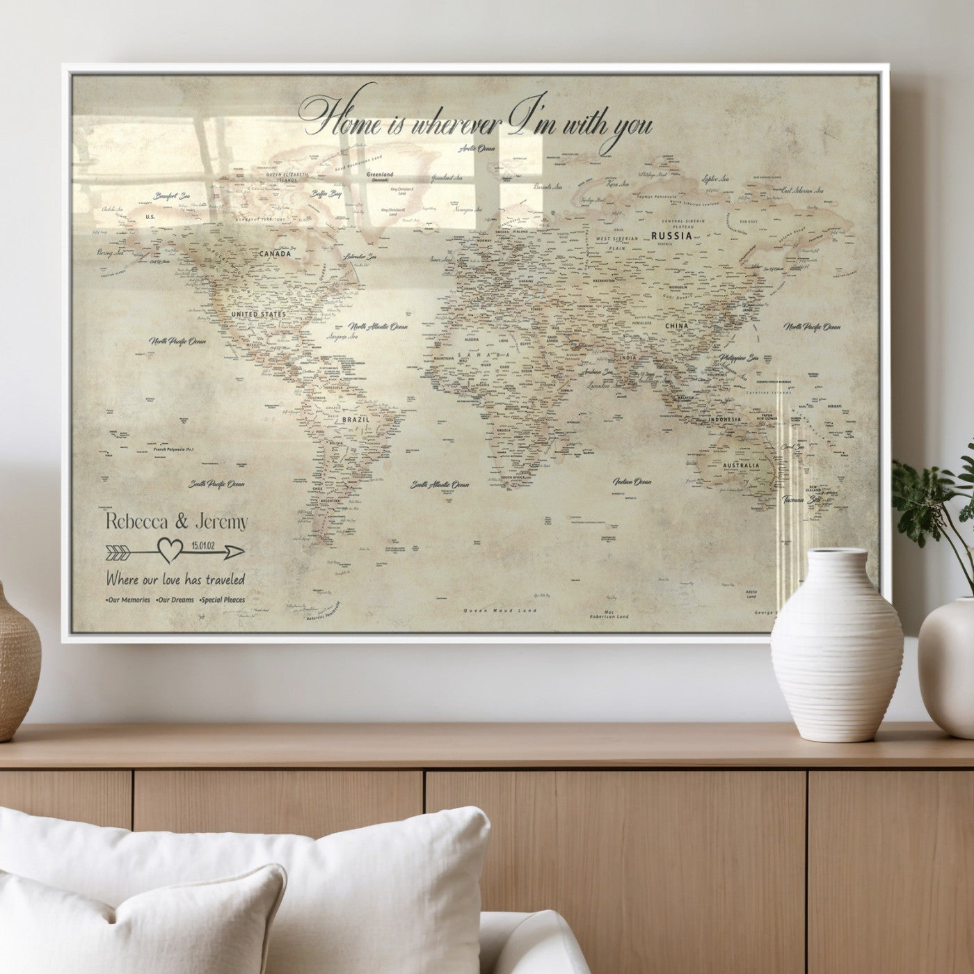 57950315-MGV-FP-36X24-3P_White-Personalized World Map Wall Art – Vintage Beige Travel Map with Custom Names, Romantic Anniversary Gift for Couples, Adventure