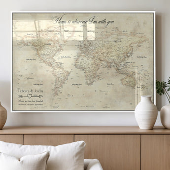 57950315-MGV-FP-36X24-3P_White-Personalized World Map Wall Art – Vintage Beige Travel Map with Custom Names, Romantic Anniversary Gift for Couples, Adventure