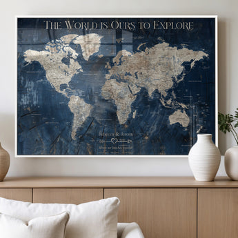 16933330-MGV-FP-36X24-3P_White-Personalized World Map Wall Art – Navy Blue Vintage Travel Map with Custom Names, Anniversary Gift for Couples Romantic Adventure
