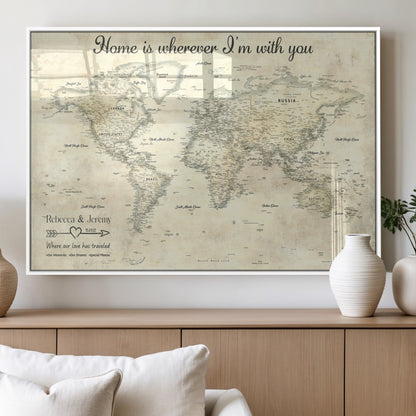 35009043-MGV-FP-36X24-3P_White-Personalized World Map Wall Art – Vintage Beige Travel Map with Custom Names and Date, Romantic Anniversary Gift for Couples Home