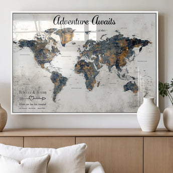 11751559-MGV-FP-36X24-3P_White-Personalized World Map Wall Art – Elegant Adventure Travel Tracker Map for Couples & Families, Push Pin Canvas Poster Decor for Home, Office