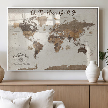 14140137-MGV-FP-36X24-3P_White-Personalized World Map Wall Art – Vintage Nautical Adventure Map with Ships and Compass, Rustic Sepia Tones for Travel Lovers and