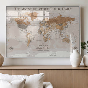 34289723-MGV-FP-36X24-3P_White-Personalized World Map Wall Art – Elegant Beige and Brown Adventure Map Canvas Print for Family Home, Living Room, Study or Office